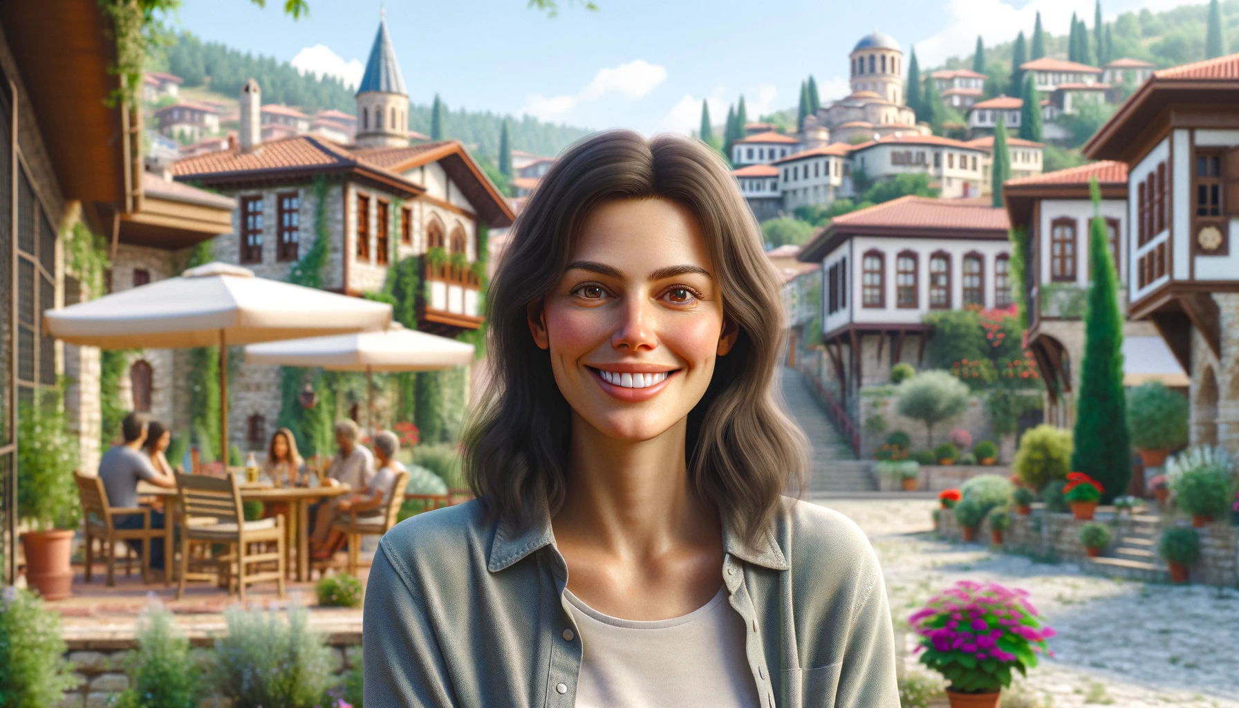 a smiling woman in a scenic town in Turkey. She has shoulder-length curly brown hair and wears a grey shirt.  