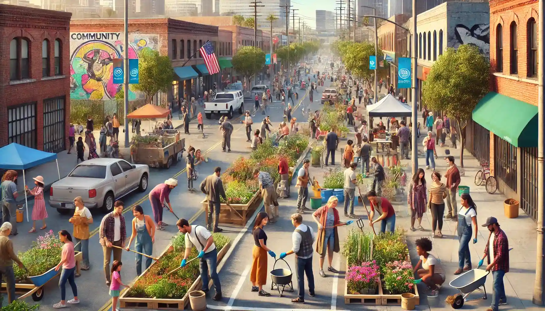 A community collaboration event in an urban neighborhood, depicting residents of various backgrounds actively engaged in street beautification projects.