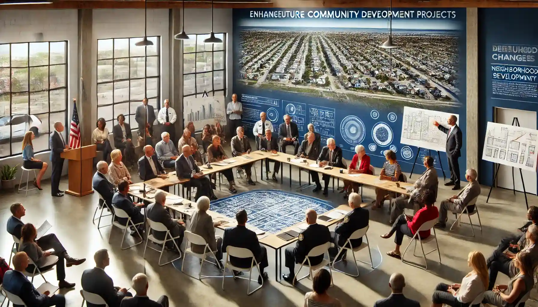 A strategic planning session inside a community center, featuring a diverse group of neighborhood leaders discussing future community development projects.