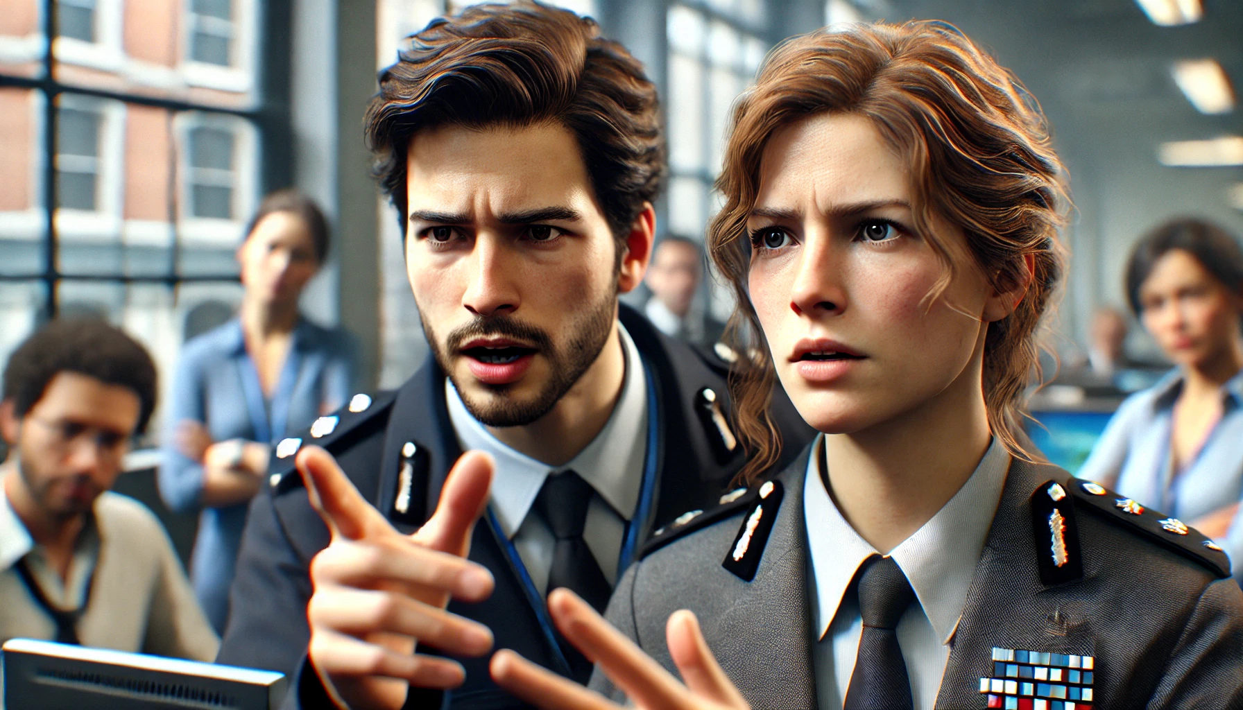 Two focused local authorities, dressed in business attire, are engaged in an intense discussion in a busy office environment.