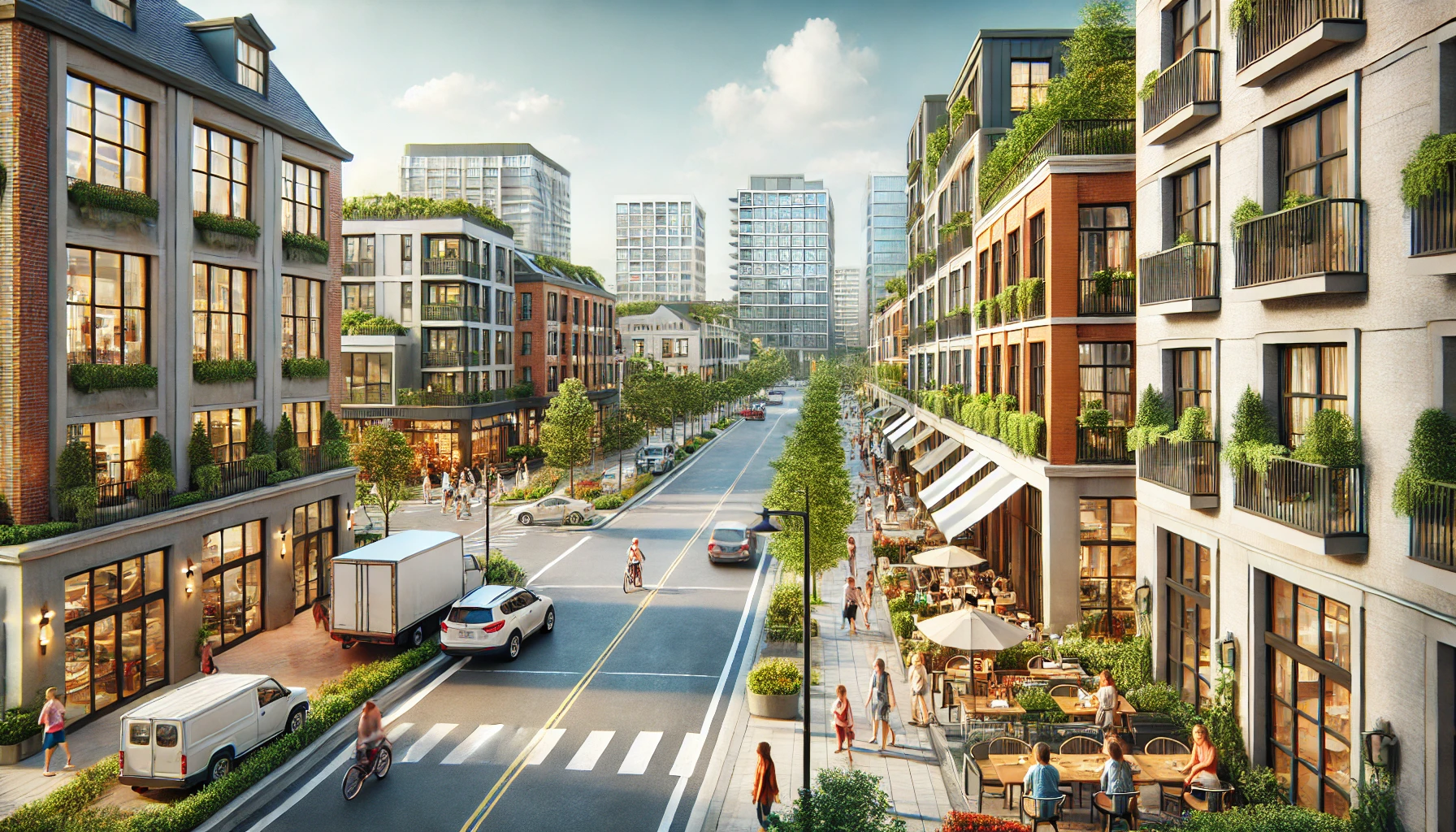 a lively urban neighborhood, ideal for young professionals and families, with a mix of modern and historic buildings.