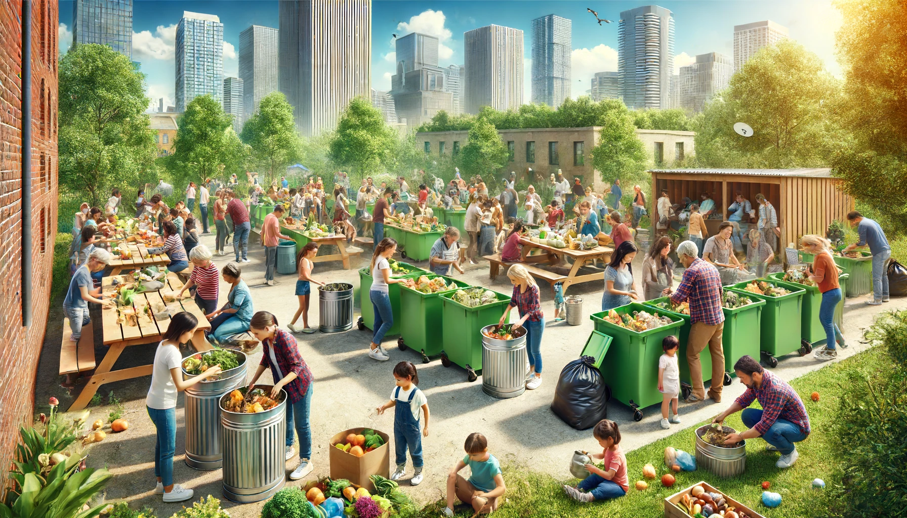 a vibrant community composting event in an urban setting, where diverse groups of people are actively participating in sorting organic waste