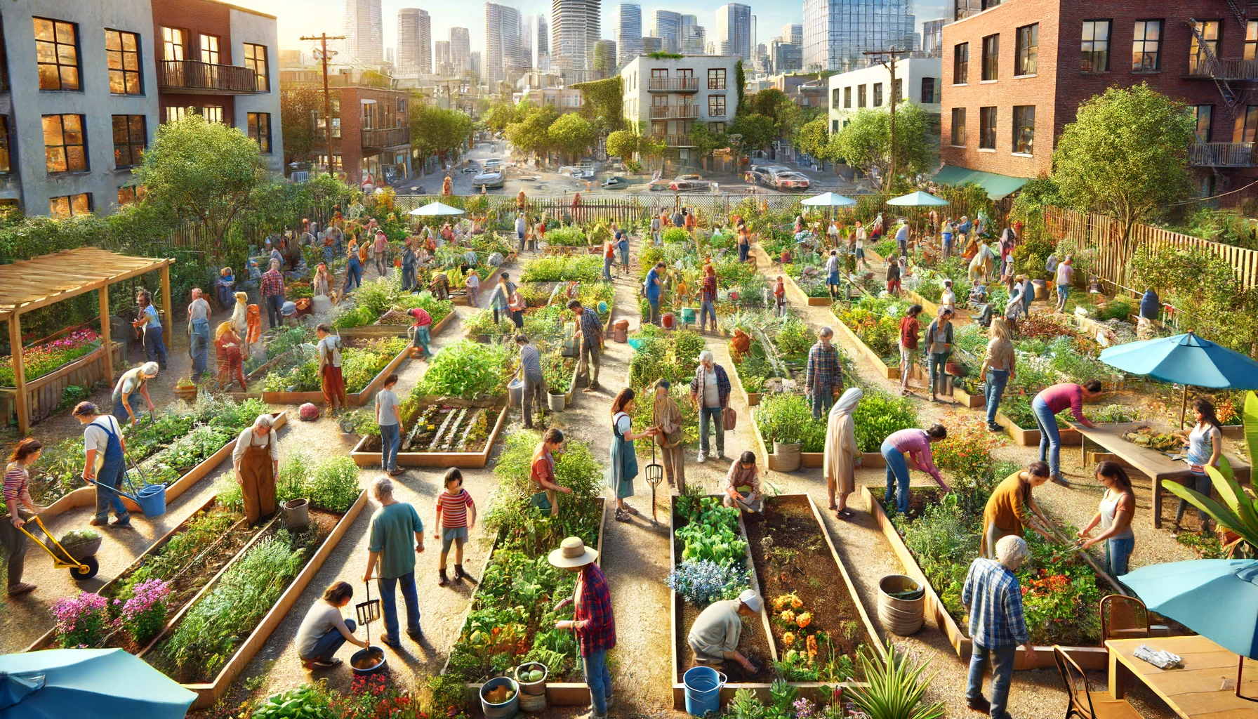 a lively community garden in an urban neighborhood, where diverse groups of people are engaged in various gardening activities