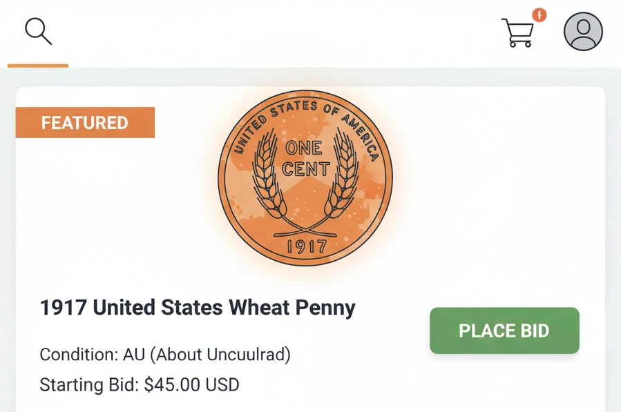 a digital marketplace interface with a highlighted 1917 Wheat penny listing